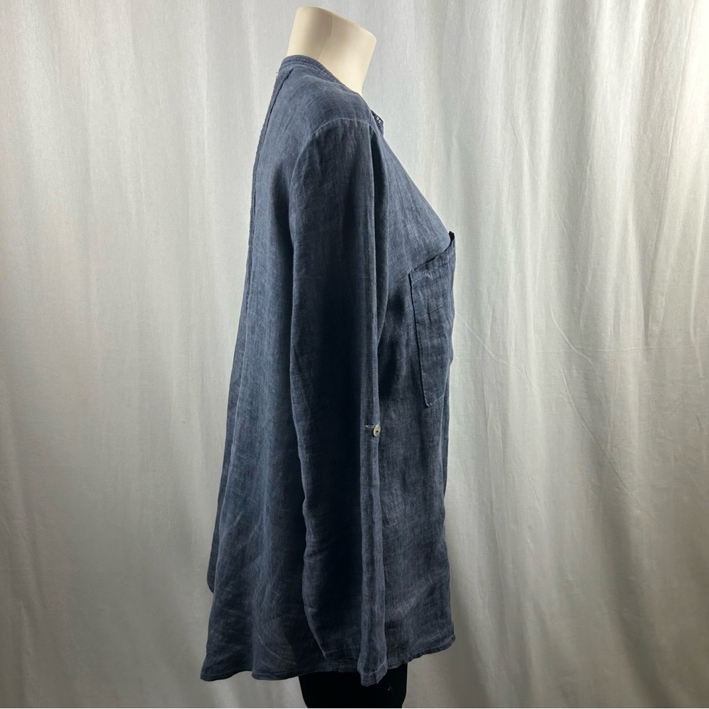Made In Italy Blue Linen Button Down Blouse with Roll-tab Sleeves M - Picture 3 of 11